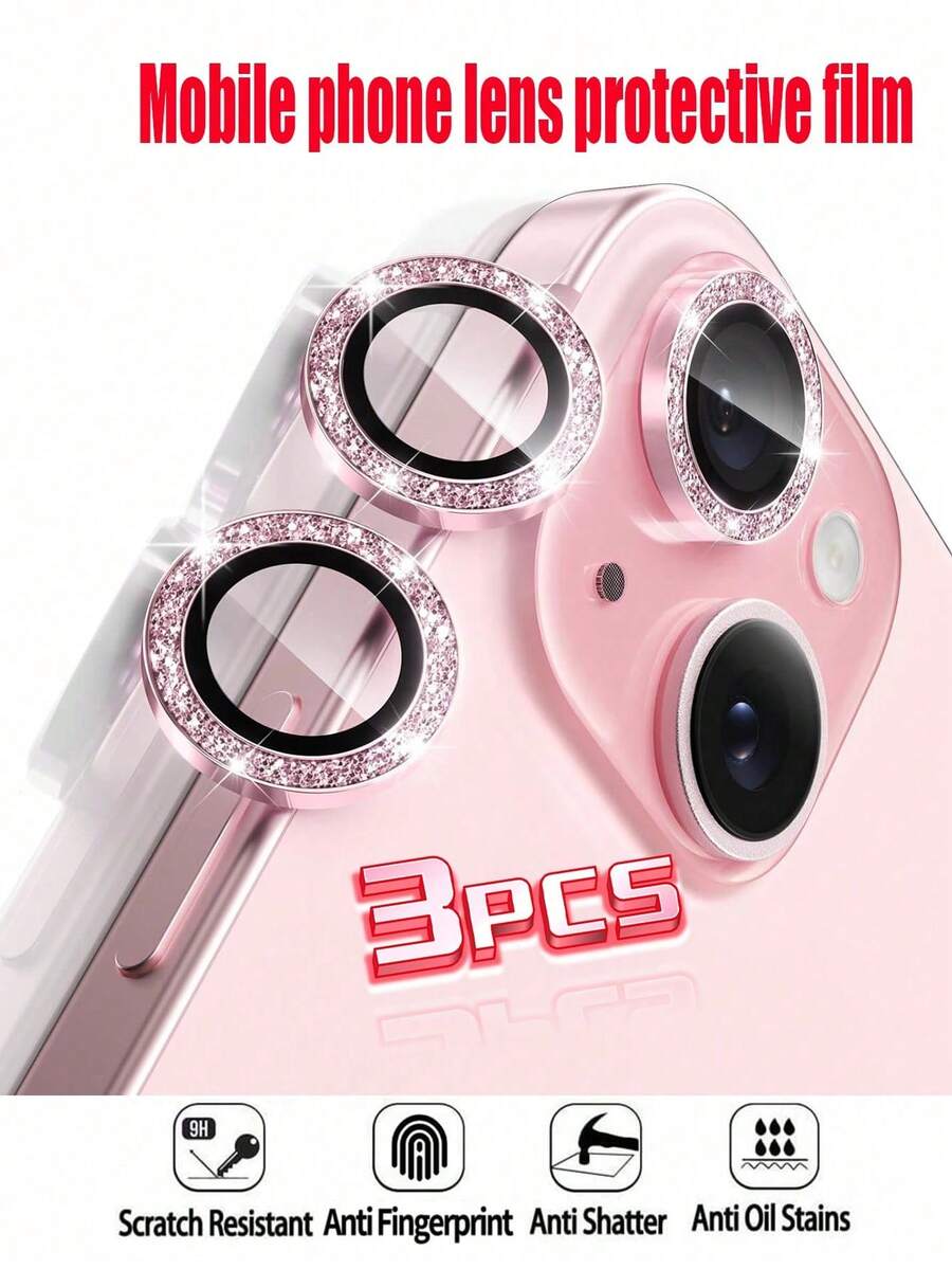 3片装相机镜头保护膜，兼容 17/16/15/14/13/12/11 Plus，防刮擦闪亮金属环，可爱镜头盖，配件，粉色 - 淺粉色 - 查看 1