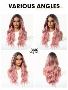 26 Inch Long Wavy Synthetic Wig, Ombre Pink To Dark Brown Roots, Middle Part, Heat Resistant, Suitable For Party, Halloween, Daily Wear, Halloween & Christmas Gift, Gift For Girlfriend, Summer & Festival Care, Natural Sexy Casual Sports Style, College Style Cosplay Heat Resistant Wig, Suitable For Festivals, Parties, Daily Wear - 漸層粉紅色 - 查看 8