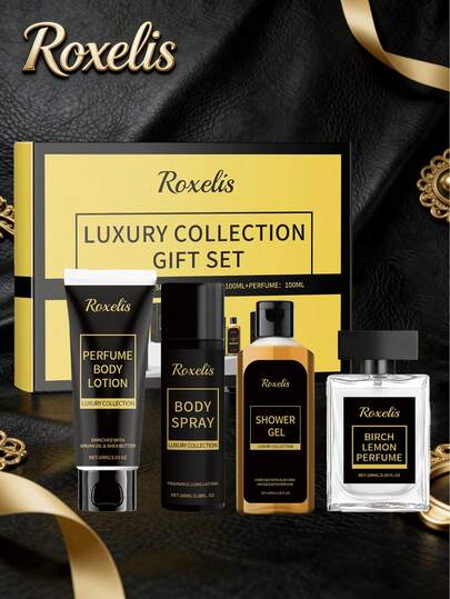 Roxelis Men's Skincare Gift Set 4 In 1 Set (Men Body Lotion 100g & Men Body Spray 100ml & Men Shower Gel 100ml & Birch Lemon Perfume 100ml) Perfect Christmas Birthday Gift For Father, Boyfriend