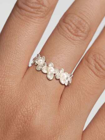 1 pieza Anillo ajustable de plata de ley S925, diseño de flor de camellia 3D y perla, regalo de joyería para madre, novia, amiga, pareja, uso diario