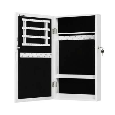 SONGMICS Armario Joyero de Pared, Armario de Joyas con Espejo, Organizador de Joyas para Ahorrar Espacio, Superficie Blanca y Forro Negro