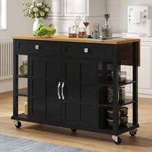 Multi-Function Kitchen Wagon With Hinged Plate, 120 X 65 Cm Wide, 2 Shelves, Geräumige Aufbewahrung, Auf Rollen – Stilvoller Servierwagen Für Küche, Esszimmer & Wohnzimmer - Black - View 5