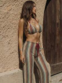 Conjunto de traje de baño de 3 piezas con pantalones de playa, estampado de luna estrellada, tela especial, estilo bohemio elegante y casual con encaje y calado, para primavera/verano - Burdeos - Ver 2