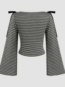 Women Fall Spring Elegant New Bow Plaid T-Shirt Long Sleeve Crew Neck Tie-Up Slim Fit Ladies Plaid Tops Streetwear Valentine Casual Top - 黑色 - 查看 3