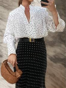 Women's Polka Dot Long Sleeve Blouse, Ruffle Detail, Button Down Collar Puff Sleeve Top, Regular Length, Semi-Sheer Woven Fabric - White - View 7