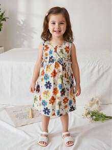 女童可爱碎花无袖连衣裙，复古碎花收腰连衣裙，儿童田园甜美公主裙配小挎包，春夏款 - 彩色 - 查看 1