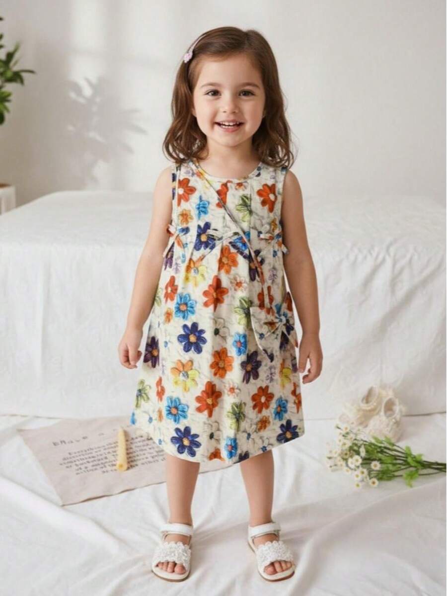 女童可爱碎花无袖连衣裙,复古碎花收腰连衣裙,儿童田园甜美公主裙配小挎包,春夏款 - 彩色 - 查看 1