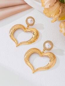 1 Đôi bông tai hình trái tim đính đá và ngọc trai giả, thích hợp cho các bữa tiệc, họp mặt, đeo hàng ngày, là món quà đa năng dành cho phái nữ. - Vàng - Xem 3