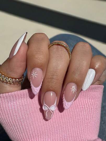 24Pcs Press On Nails - Sweater Weather | Short Almond Fake Nails With White Pink Glitter French-Style Tips & 3D Designs In A Glossy Finish, Salon Quality Winter Nails | 12 Sizes - 24 Nail Kit With Box