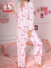 Sanrio 两件套女士睡衣套装，粉色竖条纹长袖上衣和长裤睡衣，可爱家居服套装 - 淺粉色 - 查看 4