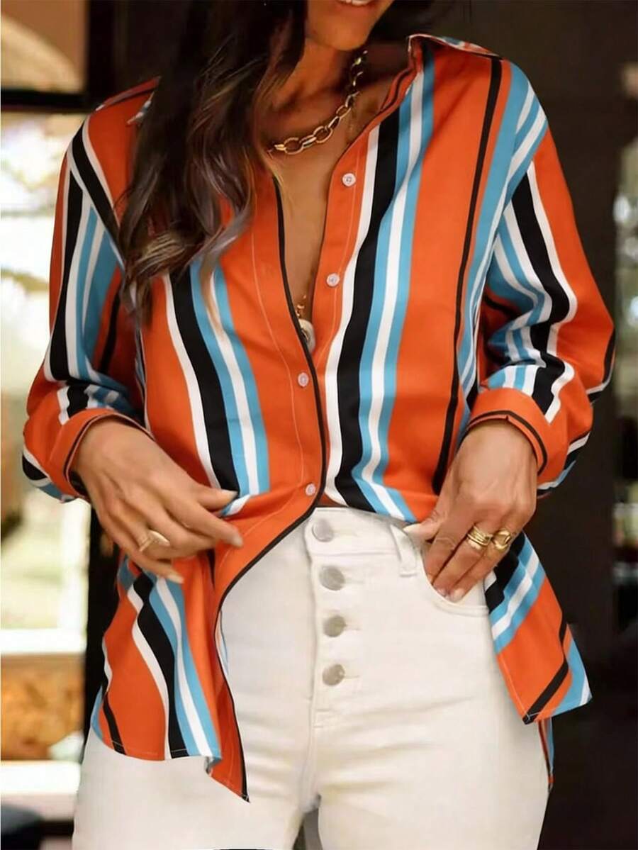 Women's Fashion New Arrival Floral Print Casual Versatile Button-Up Shirt Vacation Spring - Orange - View 1