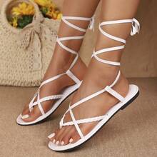 Giày sandal đế bằng co giãn màu vàng, phối da nhân tạo, kiểu dáng thời trang và thoải mái năm 2026 dành cho nữ, thích hợp đi biển vào mùa hè. - trắng - Xem 5