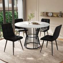 Dining Table Set (5-Piece), Dining Table Set With 4 Chairs, Kitchen Table Set, Round Dining Table With 100 Cm Diameter And Black Metal Legs, White MDF Tabletop, Dining Chairs In Black Velvet - White - View 1
