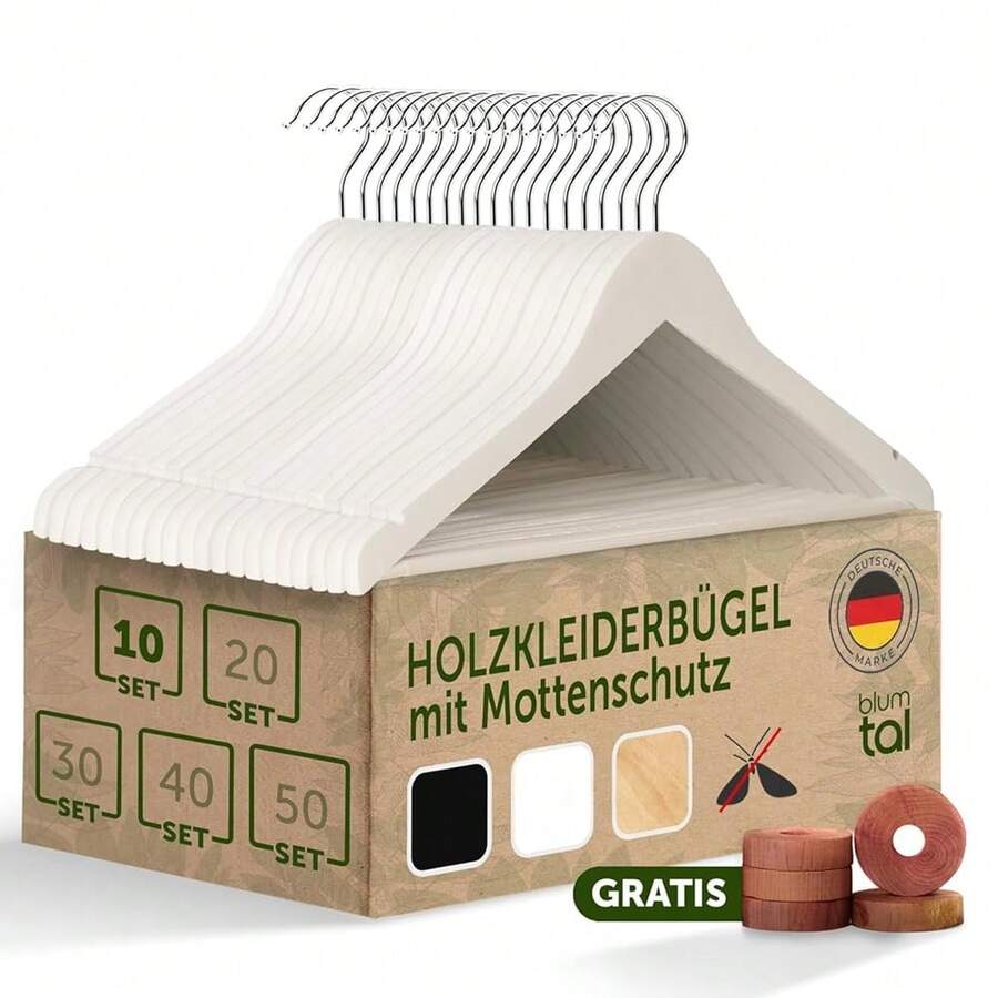 Blumtal Kleiderbügel Holz 10er Set - Holzbügel mit 360 drehbarem Metallhaken - Kleiderbügel Weiß + Zedernholz Mottenschutz - Kleiderbügel Holz Weiss + Anti-Rutsch-Schicht & Einkerbungen - Coat Hanger,10erSet,Weiß - Blanc - Voir 1
