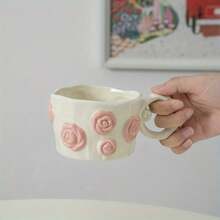 1 Stück kreative, minimalistische, luxuriöse, handgefertigte, geprägte Rosen-Keramiktasse, Geschenk für Freund/Ehemann - Verschiedenfarbig - Übersicht 2