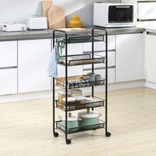 HOMCOM Rolling Service Trolley With 4 Shelves And 5 Storage Baskets, Equipped With A Handle, For The Kitchen And Living Room, In Black Steel. - Black - View 2