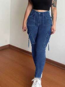 Quần cargo denim màu trơn phong cách Y2K, kiểu dáng thường ngày, đa năng, thích hợp cho mùa xuân. - Màu xanh trung bình - Xem 3