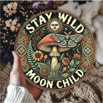 "Stay Wild Moon Youngsters" Vintageskylt - Bohemisk svamp- och maldesign, perfekt för hem, kök, trädgård, garage eller kontorsinredning, perfekt julklapp, 20,32x20,32 cm, perfekt för rumsinredning