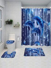 1/4 piezas Juego de cortina de baño con delfín, cortina de ducha impermeable con estampado de delfín, adecuada para habitación, hogar, hotel, lavable a máquina - Multicolor - Ver 23