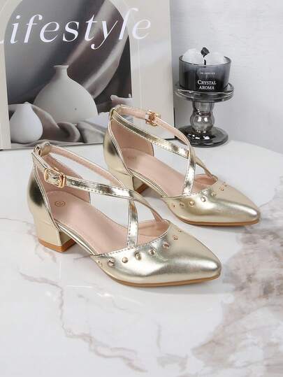 青少年派对高跟鞋，时尚公主尖头粗跟鞋，铆钉装饰舞台表演晚会优雅高跟鞋，女士