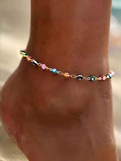 1pc Stainless Steel Enamel Round Evil Eye Anklet/Bracelet For Women - Luxury Fashion Jewelry, Suitable For Daily Wear And Parties