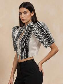 Amyenjoylife Modern Filipiniana Top,Butterfly Sleeves Filipiniana,1 Piece Of Women's Embroidery Spliced Bubble Sleeve Top - Black and White - View 5