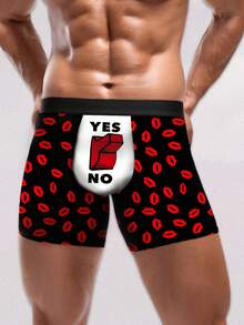 1 chiếc quần boxer nam - Màu đen, in hình môi đỏ và thiết kế sáng tạo "Có/Không", quà tặng bất ngờ cho các cặp đôi trong dịp lễ, thích hợp cho Ngày Valentine, Lễ Thất Tích, 520, Giáng sinh, Năm mới, Kỷ niệm | Thoải mái khi mặc thường ngày - màu đen - Xem 1