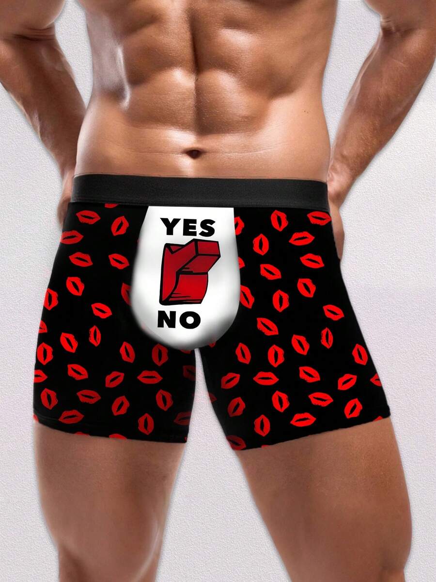 1 chiếc quần boxer nam - Màu đen, in hình môi đỏ và thiết kế sáng tạo "Có/Không", quà tặng bất ngờ cho các cặp đôi trong dịp lễ, thích hợp cho Ngày Valentine, Lễ Thất Tích, 520, Giáng sinh, Năm mới, Kỷ niệm | Thoải mái khi mặc thường ngày - màu đen - Xem 1