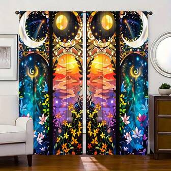 2枚セット ムーン、スター&フローラルパターン シアーカーテン、デジタルプリント クリエイティブステンドグラス調カーテン、ボタニカルテーマ、リビング、寝室、ナーサリー、北欧&ラグジュアリースタイル、ホリデーデコレーション、ロッドポケット設置、ポリエステル素材