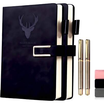 2 Piezas de Cuadernos A5 con Tapa Dura en Cuero Vegano, ​ cuaderno pautado ​ ,Adecuado Para Oficina, Material Escolar, Cuadernos De Horarios Personales. (Pack de 2 unidades - Negro)