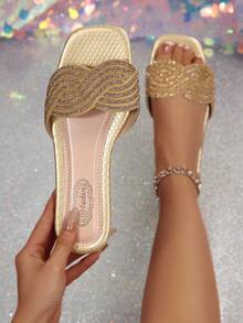 Sandalias planas de dedo abierto con strass para mujer - Dorado - Ver 1