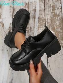 Foot Flair 女士经典黑色系带牛津鞋，复古英伦风高跟鞋，圆头厚底乐福鞋，学院风时尚百搭玛丽珍鞋（尺码偏小一码） - 霧面黑色 - 查看 8