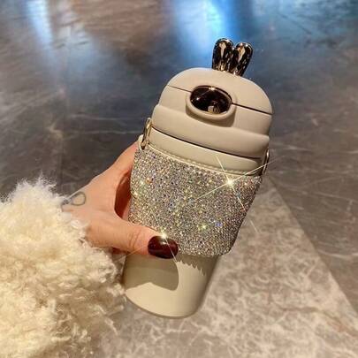 480ml Botella de agua aislada, 1 pieza Vaso con decoración de strass brillante para bebidas frías/calientes, café, jugo, con pajita y cadena, gran capacidad, adecuado para deportes, viajes, escuela, regalo creativo
