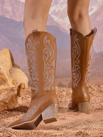 Botas de moda clásicas para mujer, botas altas hasta la rodilla con puntera puntiaguda, tacón grueso y cremallera lateral, cómodas y elegantes para fiestas, banquetes, botas altas marrones, otoño/invierno