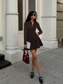 Women's Casual Chic High-End Daily Street Style Solid Color Open Collar Button Front Dress, Autumn/Winter - Brown - View 5