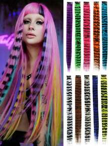 Synthetic Colored Hair Extensions, One-Piece Invisible Seamless Leopard Print Colored Ear-Hook Dyeing Long Straight Hair Highlights Striped Hair Extensions, Claw Clips, Hair Slide, Hair Barrettes, Accessories For Women - Multicolor - View 9