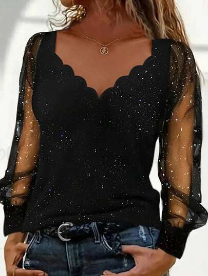Women's Sexy V-Neck Sequin Mesh Splice Long Sleeve Elegant Casual Party T-Shirt Top, Suitable For All Seasons