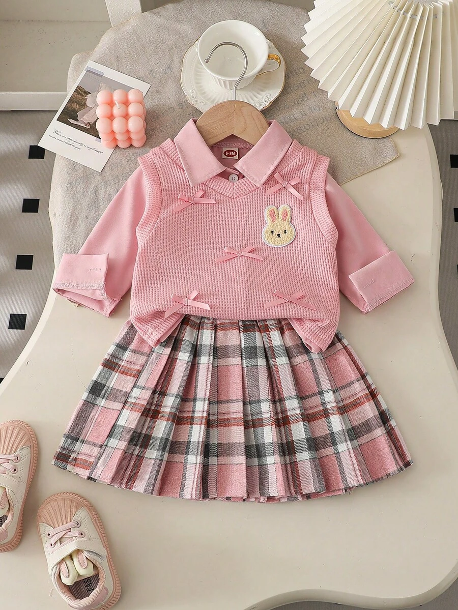 3pcs Baby Girls' Fashion Casual Cute Set: Pink Minimalist Shirt + Pleated Striped Skirt + Bow Bunny Knitted Warm Vest - Pink - View 1