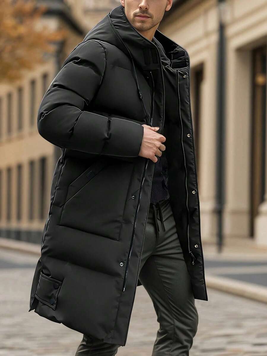 Men's Casual Thick Hooded Jacket With Pockets And Zipper, Polyester Fabric, Long Sleeve, Loose Fit, Solid Color, Suitable For Casual Occasions In Winter