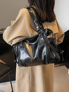 Women's Black Faux Leather Shoulder Bag, Large Capacity Tote Bag With Adjustable Straps, Stylish Hobo Bag For Daily Commute, Travel, Shopping, Featuring Rivet Details And Versatile Design, Vintage Oversized Tote Bag For Woman , Vintage Bag , Y2k , Office , Valentine's Day Gifts - 黑色 - 查看 8