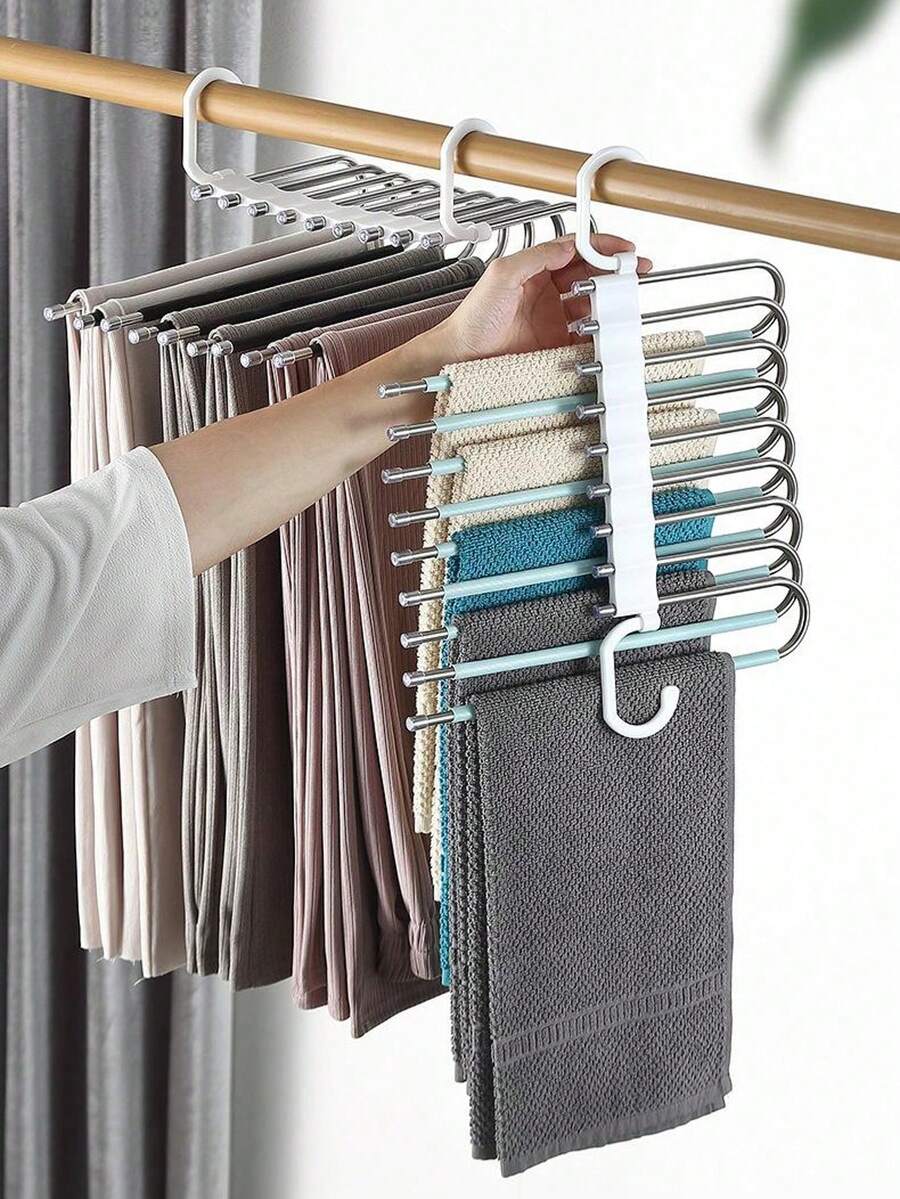 9层节省空间不锈钢S型衣架，带裤夹，衣柜收纳架 | 坚固耐用的金属衣架 | 可折叠裤架，防滑多功能衣架 - 彩色 - 查看 1
