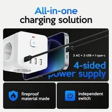 1pc 7-In-1 EU Power Strip, Power Strip Surge Protector 3 AC Outlets 3 USB 1 Type-C, Desktop Charging Station With Overload Protecti - EU F Type Plug(220-240V) - View 9