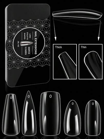 600片全覆盖式按压美甲贴片，尖头、杏仁头、方头、棺材头、法式假指甲，可卸凝胶延长甲片，胶囊式按压美甲用品