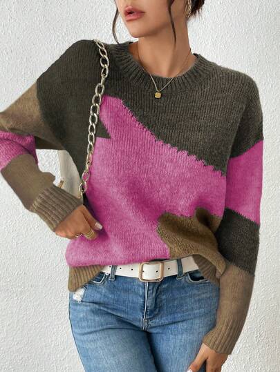 Jersey minimalista de cuello redondo y manga larga con diseño de retazos de patrones irregulares para mujer, uso casual diario [Temporada de regreso a la escuela]