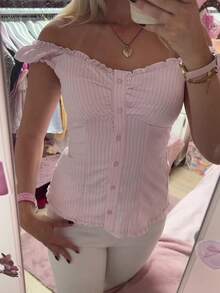 Women Button Down Lace Top V Neck Ruffle Low Cut Cap Sleeved Babydoll Cute Shirt Slim Fit Coquette Blouse - Hồng - Xem 10