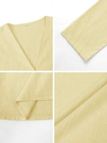 Conjunto informal de 2 piezas Look Polly para mujer, blusa de manga larga de solapa única en color crema combinada con pantalones rectos de pierna ancha, adecuado para citas de San Valentín, fiestas de carnaval y vacaciones en la playa - Amarillo claro - Ver 9