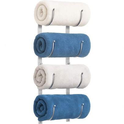 Rolled Towel Rack: 4-Tier Wall Mounted Towel Storage Holder, Hanging Organizer For Towels, Blankets, Large Bath Sheets, Space Saving In RV, Closet, Toilet, Cabinet, Silver