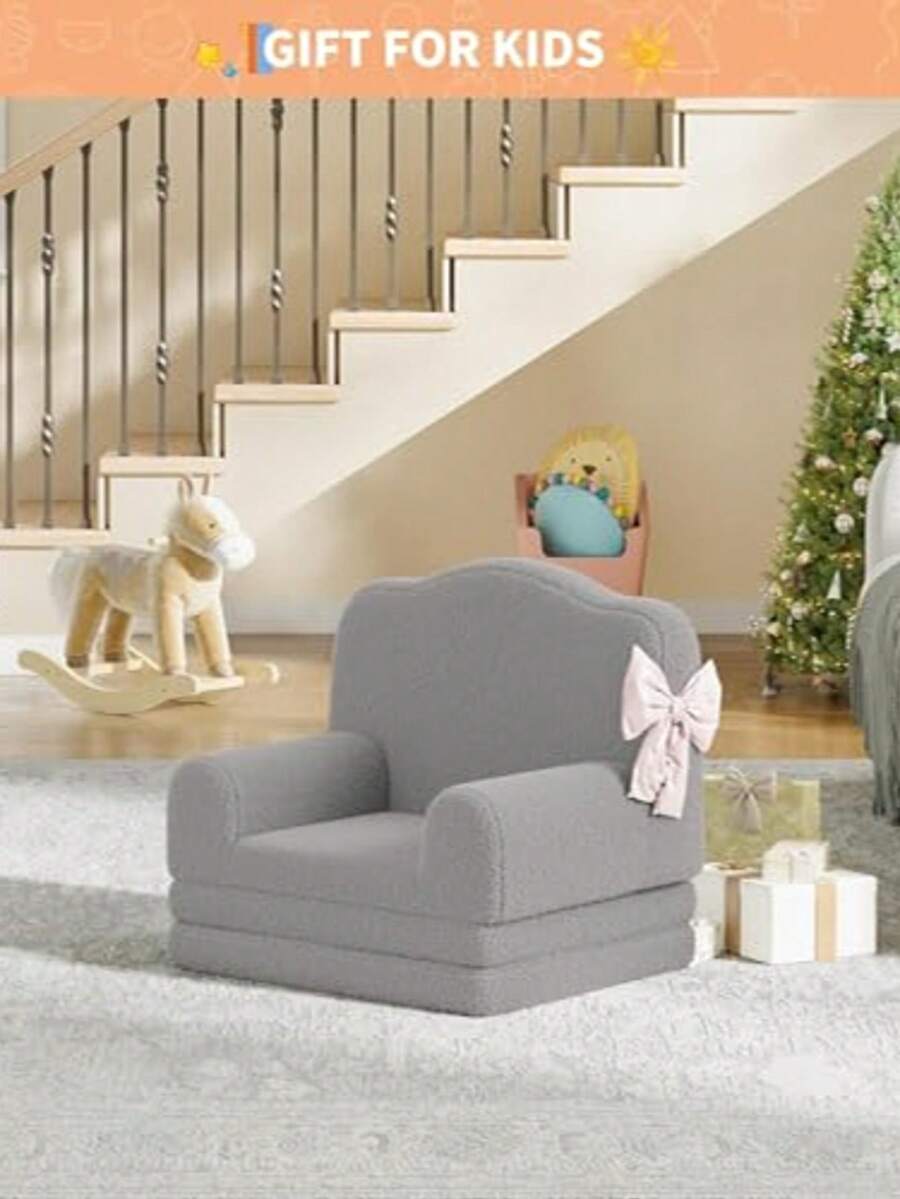 Sofá convertible 2 en 1 para niños, fabricado en suave forro polar, cómodo y acogedor, para sala de juegos, dormitorio infantil y regalo de cumpleaños (corona gris) - Gris - Ver 1