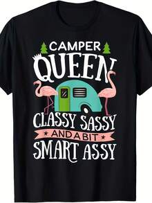 Women's Fun Camping T-Shirt - Short Sleeve T-Shirt With "Stylish And Playful" RV Pattern - 220g Heavyweight - White Camping Travel Set - Machine Washable, Casual Wear, Breathable Fabric, Short Sleeve Top, Everyday Wear - Black - View 6
