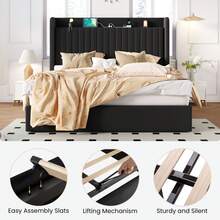 SHA CERLIN Full/Queen/King Size Lift Up Storage Bed Frame/Charging Station/USB,Type-C Port/Storage Headboard/Velvet Upholstered/Hydraulic Support/No Box Spring Needed/Noise Free/Black - 黑色 - 查看 5